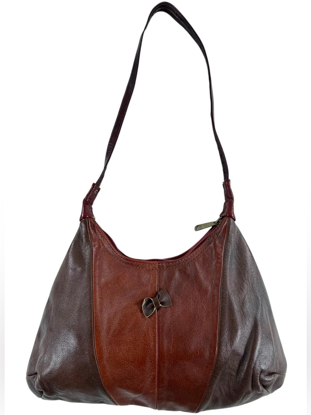 Vintage Small Genuine Leather Hobo Shoulder Bag Brown Retro Colorblock Boho